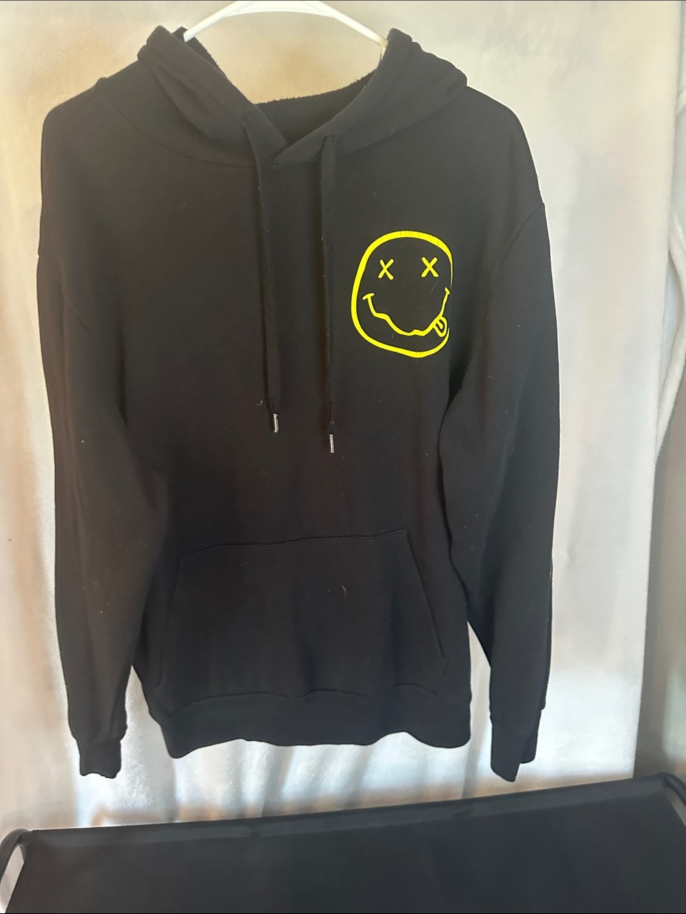 NIRVANA Black Crewneck Hoodie with Yellow Smiley Chest Graphic